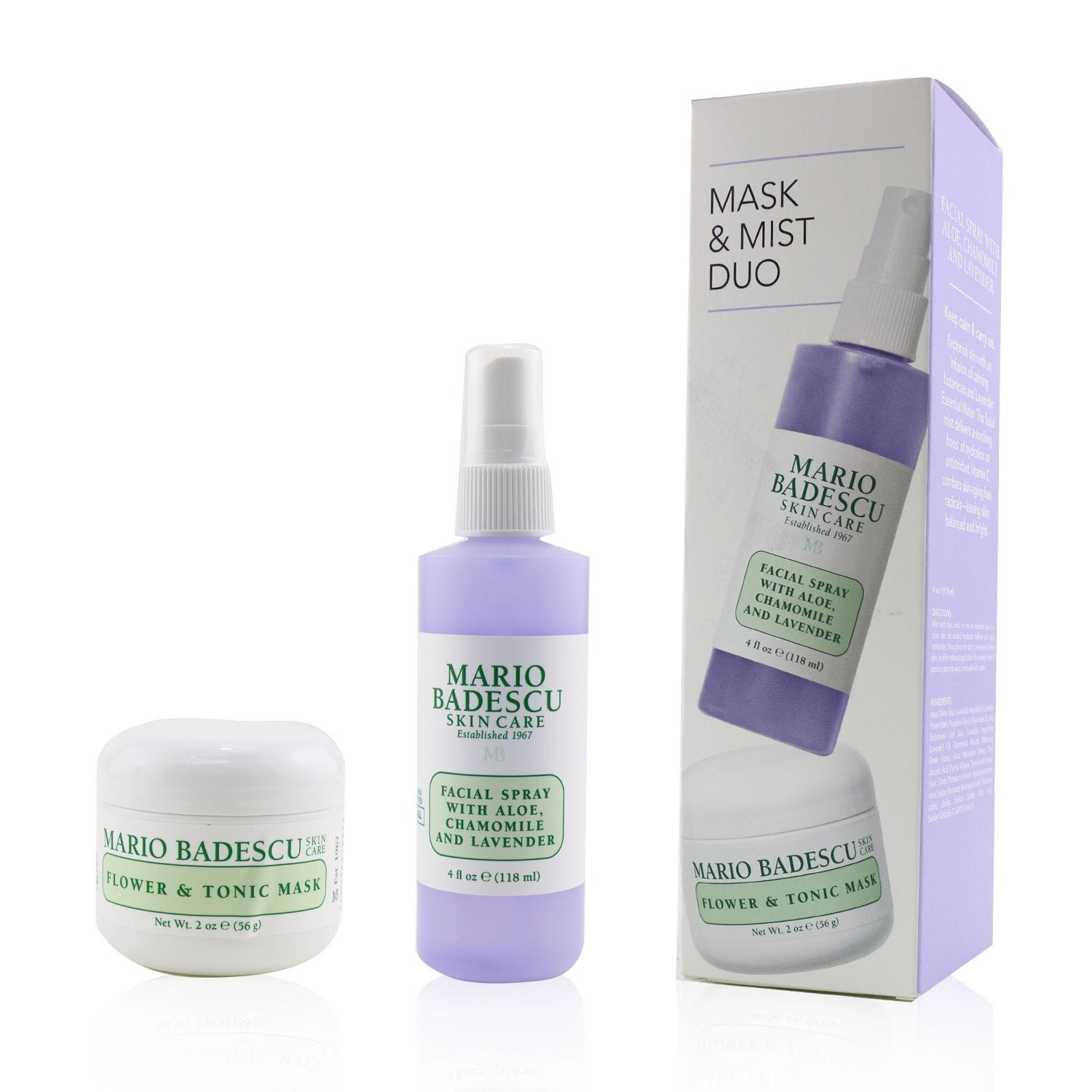 Mario Badescu/マリオ バデスク+ラベンダー マスク & ミスト デュオ セット: フラワー & トニック マスク 2 oz + フェイシャル スプレー With Aloe, Chamomile And Lavender 4oz +2pcs ブランドコスメ