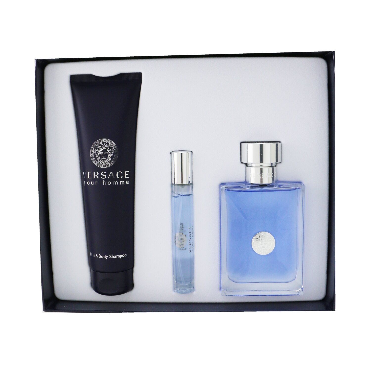 Versace/ヴェルサーチ+ヴェルサーチPour Hommeセット：オードトワレスプレー100ml / 3.4oz +オードトワレスプレー10ml / 0.3oz +ヘア&ボディシャンプー150ml / 5oz+3pcs ブランドコスメ